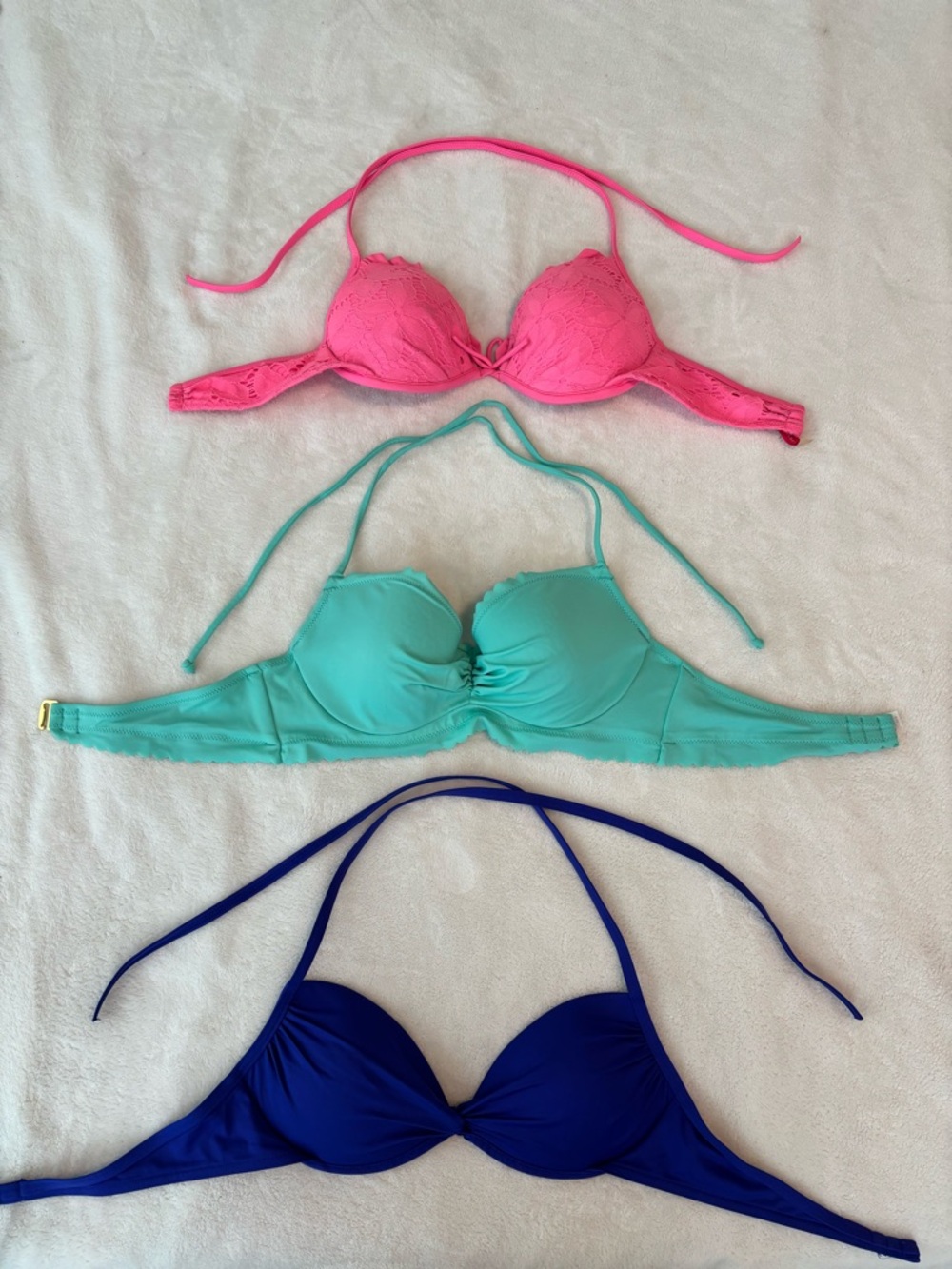 Women’s Bright Pink, Aqua & Deep Blue Halter Bikini Tops Set of 3